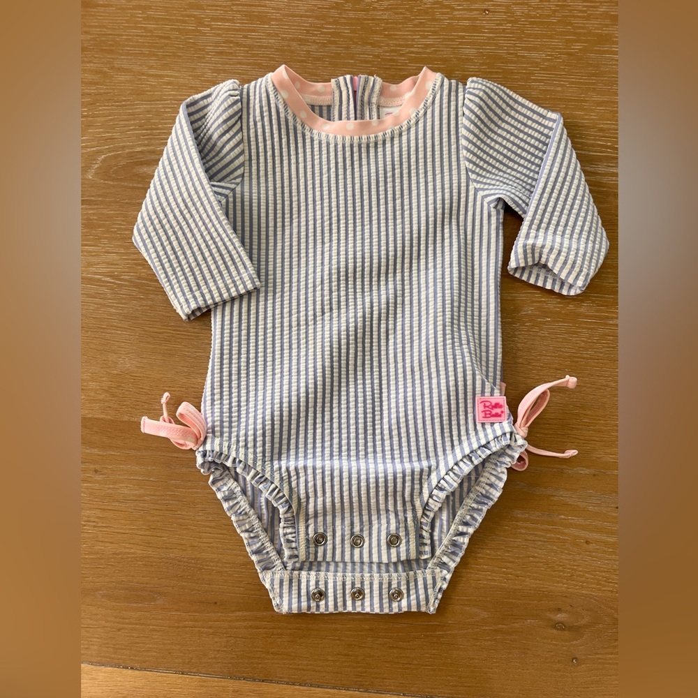 Rufflebutts seersucker blue, white, & pink swimsuit 6 months rashguard